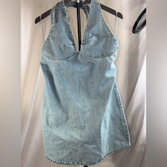 Free People “Travi” Blue Backless Halter Dress Size XL NWT boho denim halter - Picture 2 of 11